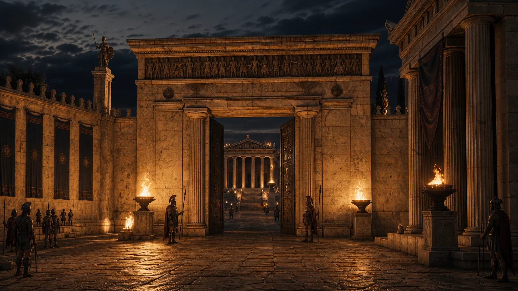 Escena realista de acceso a templo antiguo con guardias, antorchas y perímetro arquitectónico