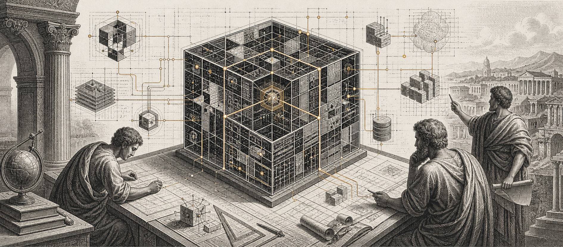 Ilustración del desarrollo de software a medida de Theus: cubo modular y planos técnicos que representan la arquitectura de una plataforma